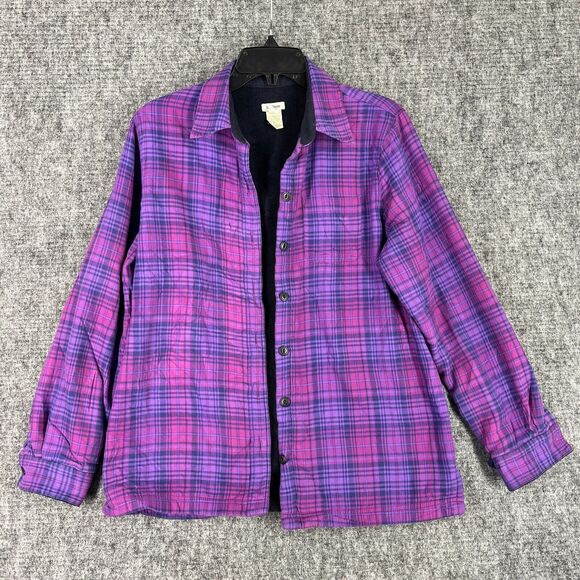 LL Bean Shirt Womens S Purple‎ Plaid Shacket Jacket Fleece Lined Chore Barn - Picture 1 of 8